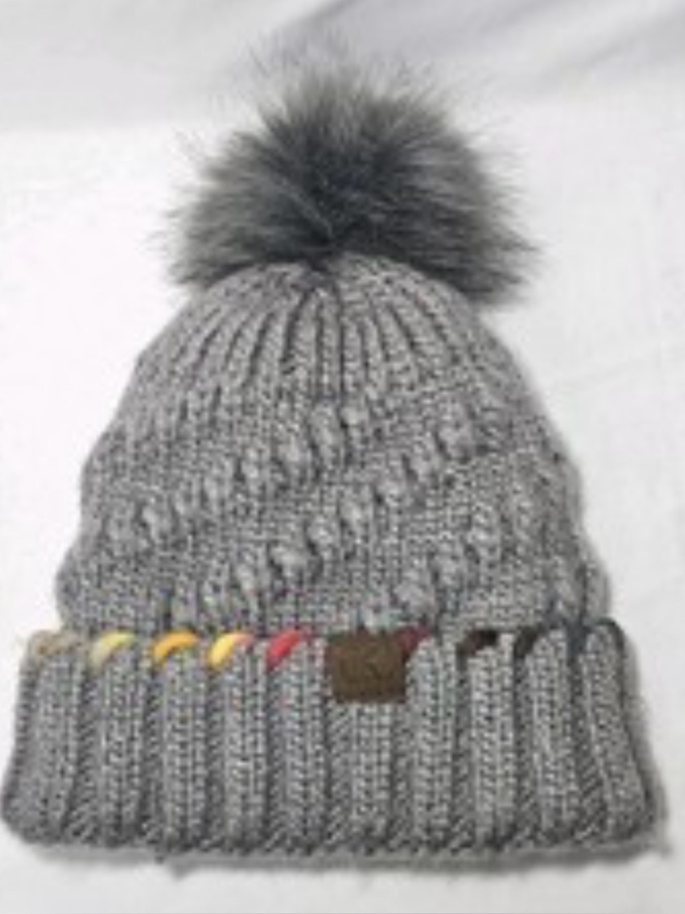 CC Knit Pom Beanie Hat with Fur Pom and fleece lining